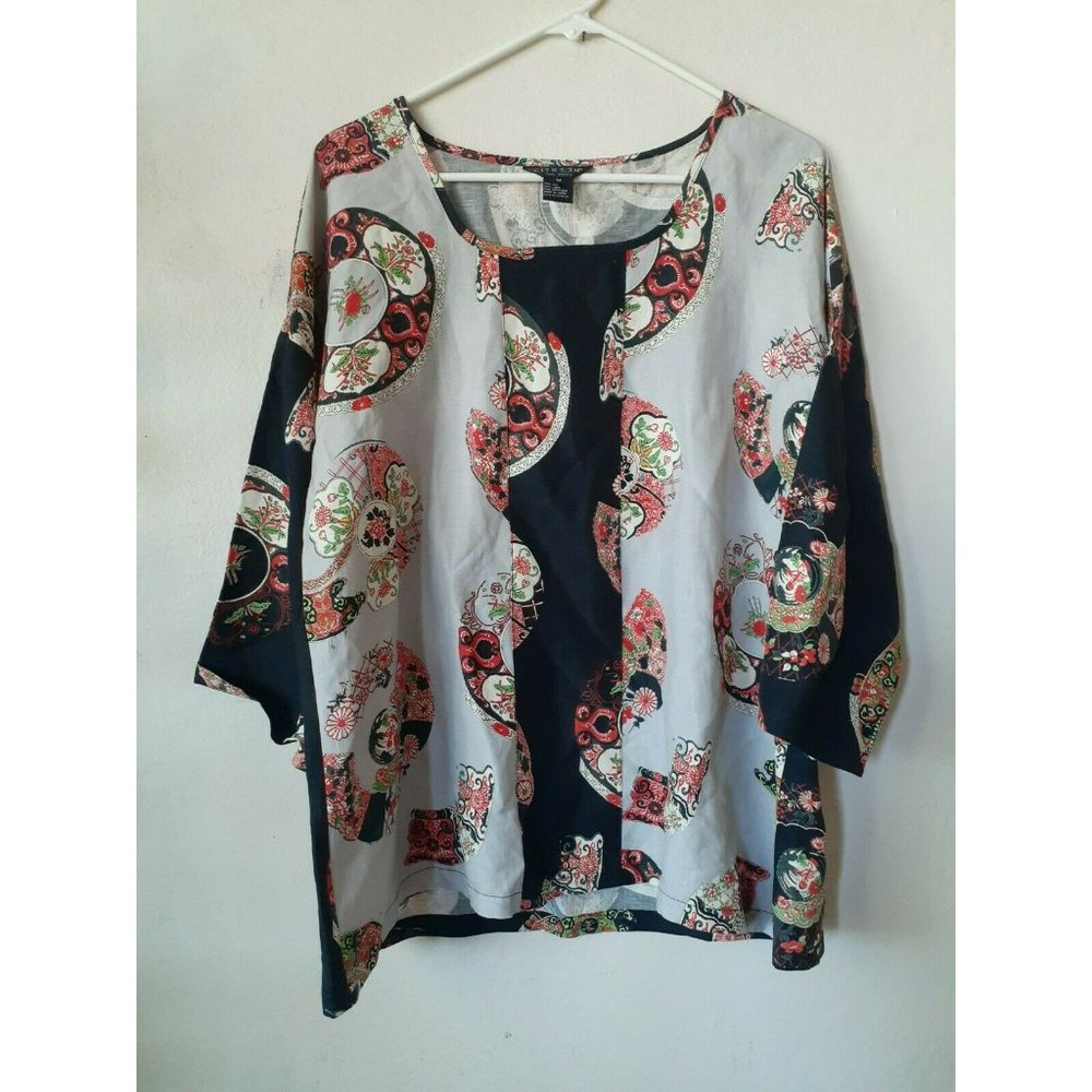 Citron Santa Monica M Asian Print Linen Silk Blend Tunic Top Floral Oversized
